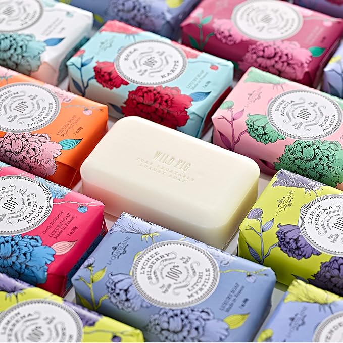 La Chatelaine Luxury Bar Soap Trio Gift Set Tin – Winter White | Made in France | Natural and Organic Soap Bars | Shea Butter Formula | 3 x 7 oz / 200g (Cherry Almond, Coconut Milk, Lychee Bilberry)