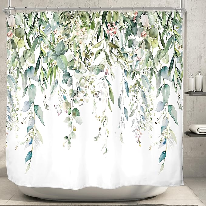 Riyidecor Clawfoot Tub Extra Wide Shower Curtain for Bathroom Decor 180Wx70H Green Eucalyptus Leaves Plants Wrap All Around Circular Round Art Printed Fabric Polyester Waterproof 32 Pack Metal