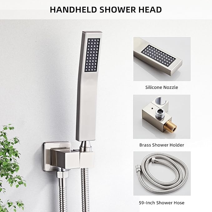 Shower Faucet Set with Tub Spout, Brushed Nickel Rainfall Shower System Complete Wall Mounted for Bathroom with 10 Inch Square Shower Head and Handheld Shower Head Rain Mixer Combo Set