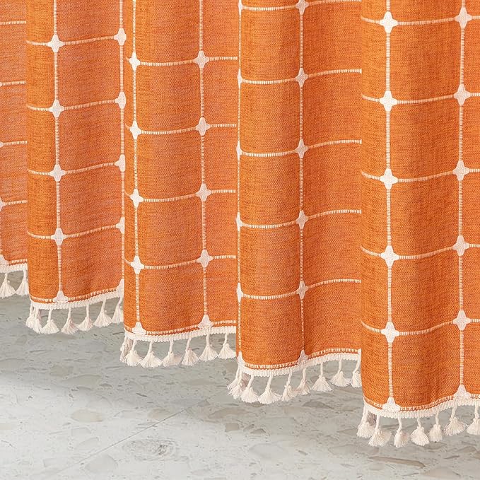 MitoVilla Orang Farmhouse Shower Curtain Set 72 x 78, Boho 78 inch Long Polyester Linen Tassel Fabric Shower Curtain Set for Chic Cottagecore French Rustic Bathroom Decor