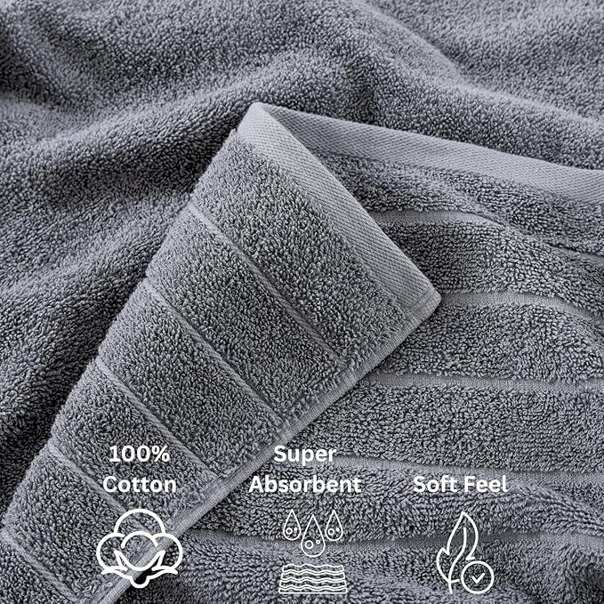 Casa Platino 100% Cotton Luxury Bathroom Towel Set - 8 Pc - Ring Spun, Quick Dry, Soft & Highly Absorbent - 2 Bath, 4 Washcloths, 2 Hand Towels - Remains Plush After Multiple Washes - Cool Grey