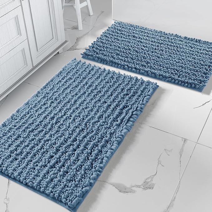 Yimobra Bathroom Rugs Sets 2 Piece - Quick Dry Extra Thick Luxury Chenille Bath Mat, Non Slip Super Absorbent for Tub Shower Sink, Machine Washable Shaggy Floor Mat, 32"x20"+24"x17" Inch, Denim Blue