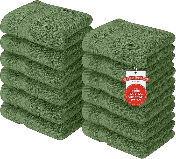 RIVERSIDE 12 Pack Premium 100% Cotton Face Washcloths, 550 GSM, 12 x 12 Inches, Soft, Absorbent Towels for Body & Shower, Bathroom Wash Clothes, Durable Face Towels Set for Spa, Gym, Sage Green