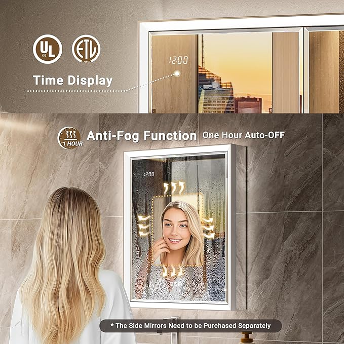 Beveled Lighted Medicine Cabinet with Mirror & Lights -20x32 Surface or Recessed Mirrored Medicine Cabinet with Outlet & Clock, Anti-Fog Dimmable LED Storage Cabinet, Built-in Sensor Light