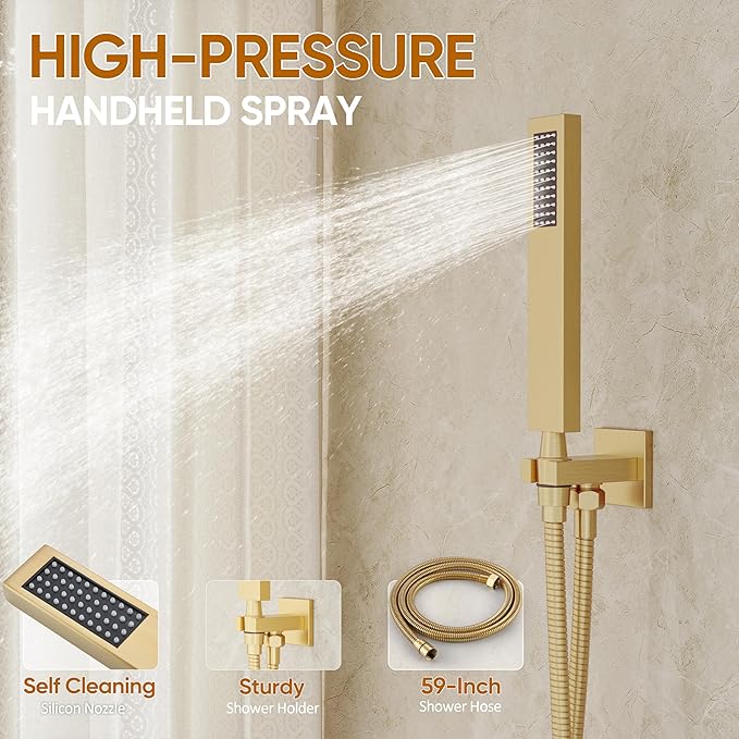 Gold Tub Shower System, All Metal Tub Shower Faucet Set with 12" Rain Shower Head and Handheld Spray combo, Wall Mounted Shower Systems with Tub Spout, Valve and Trim Kit, Brushed Gold