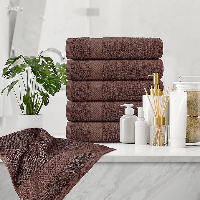 White Classic Luxury Brown Hand Towels - Soft 100% Turkish Cotton | Highly Absorbent Hotel spa Bathroom Towel Collection | 16x30 Inch | Set of 6