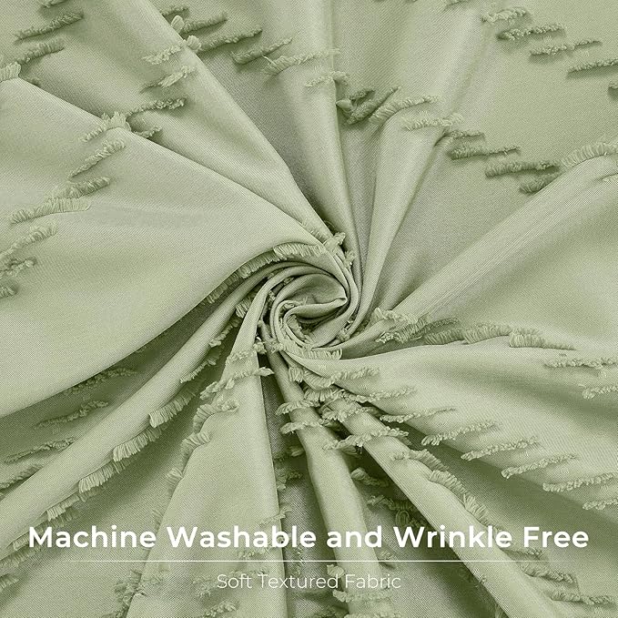 Green Boho Woven Fabric Tufted Chervon Textured Modern Minimalist Neutral Striped Waterproof Shower Curtain 72 x 72 Inches