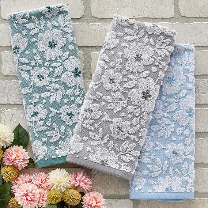 SKL Home Floral Jacquard Hand Towel Set, Moss Green, 2 Count (Pack of 6)