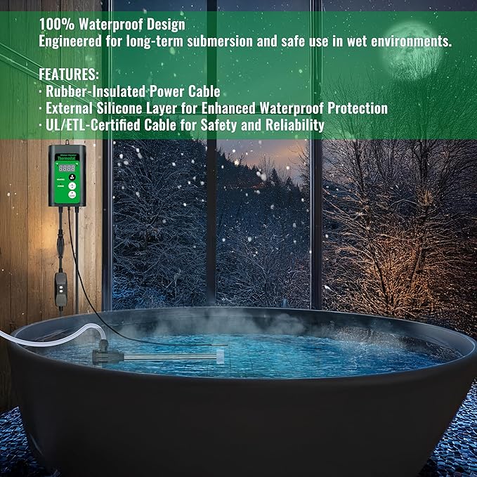 2000W Immersion Water Heater for Bathtub & Above Ground Pool – Portable Fully Submersible Electric Heater with Temp Control & GFCI for Inflatable Pool, Baptismal pool, bucket & Hot Tub