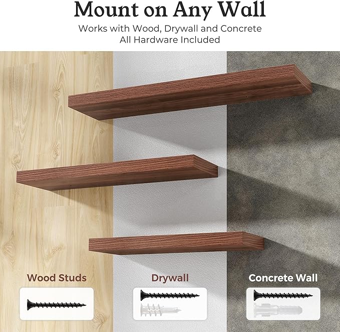 Floating Shelves for Wall, 9.3" Deep Wall Mounted Rustic Wood Shelves for Bathroom, Bedroom, Living Room, Kitchen, Hanging Shelf for Books/Storage/Room Decor (Walnut, 48")