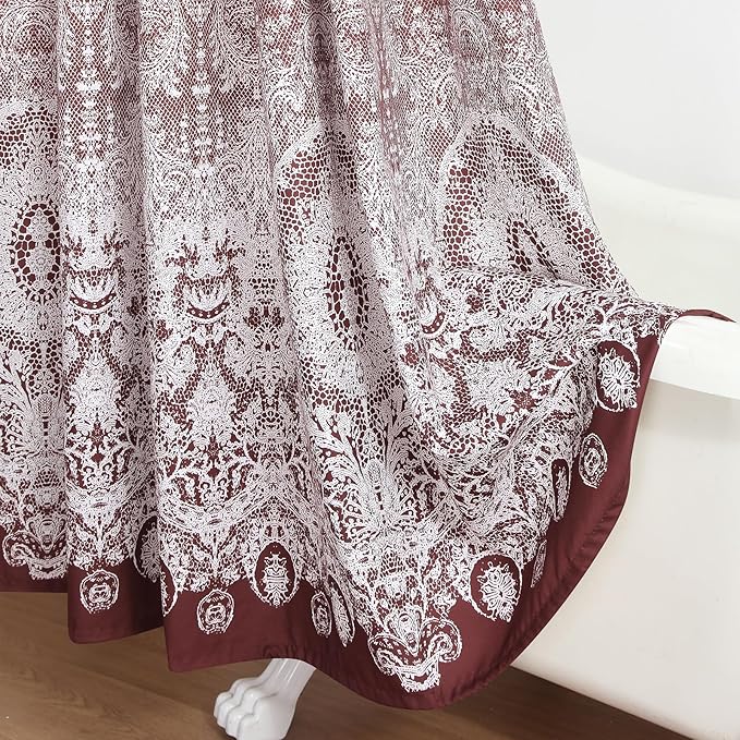 78 Inch Long Shower Curtain - Chantilly Lace Design, Heavyweight Polyester, Burgundy to White Ombre, 72" W x 78" H