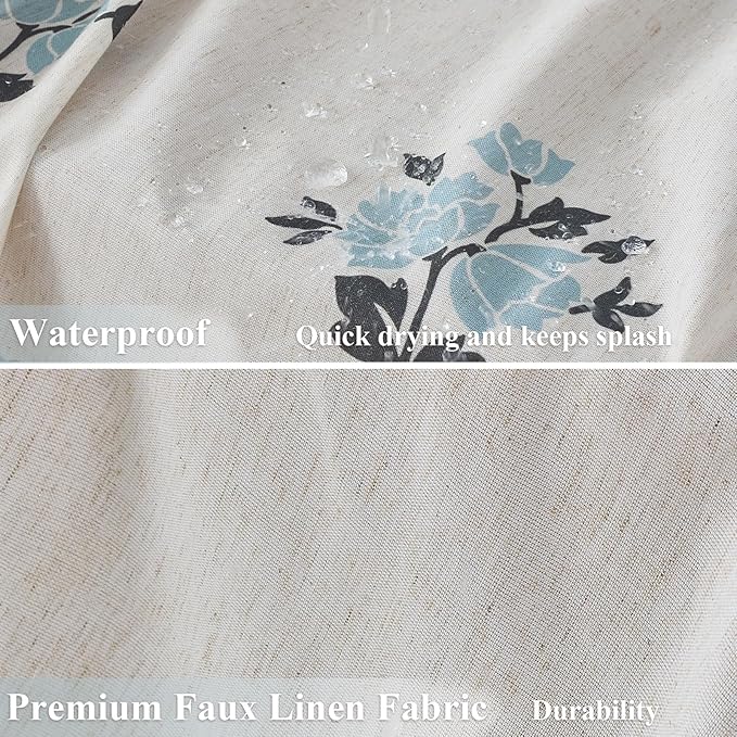 ORTIGIA Linen Blue Shower Curtains for Bathroom Boho Farmhouse Block Print Shower Curtain Set with Metal Hooks Floral Waterproof Aesthetic Rustic Fabric Bath Curtain for Home, Weighted, 72x72
