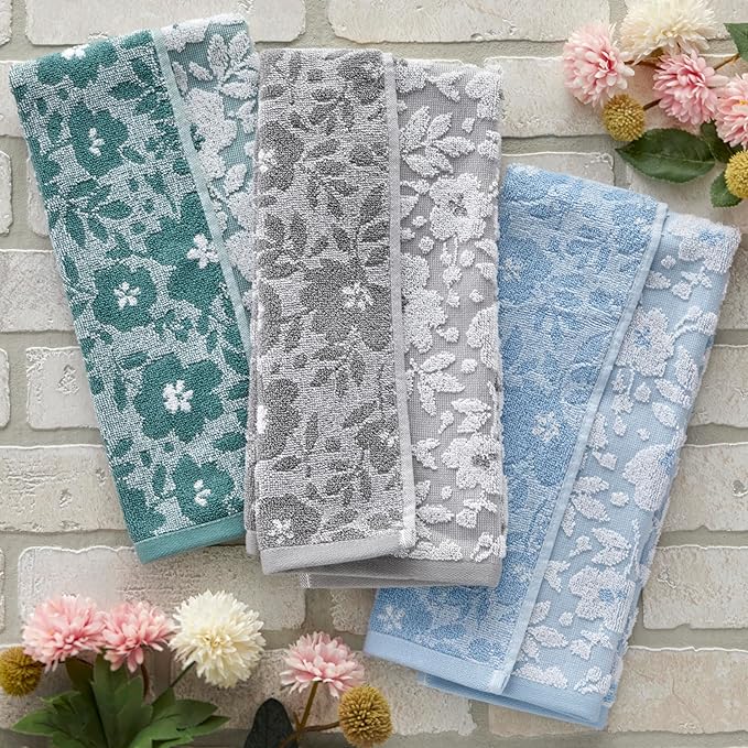 SKL Home Floral Jacquard Hand Towel Set, Sky Blue, 2 Count