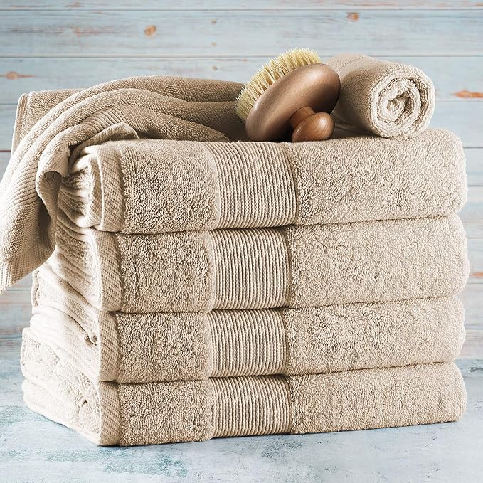 Hearth & Harbor Bath Towels for Bathroom - 100% Ring Spun Cotton Luxury Bathroom Towels - Ultra Soft & Highly Absorbent, Bath Towels Set of 6 - Beige Cream