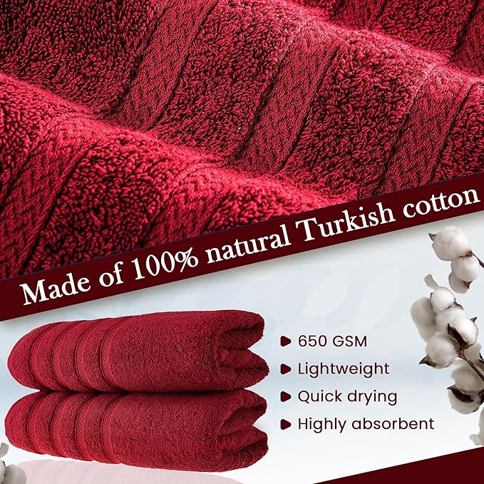 HALLEY Turkish 2 Pack Premium Bath Towels (2 Pieces) 650 GSM Highly Absorbent Super Soft 100% Cotton - 2 Bath Towels (Red)
