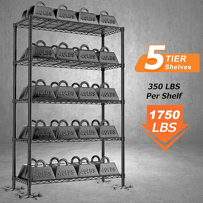 Storage Shelves Heavy Duty, 2 PCS 36" L x 14" W x 72" H Garage Wire Shelving Unit Loads 1750LBS, 5-Tier Adjustable Metal Industrial Utility Shelf Rack for Kitchen, Laundry Room, Warehouse, Basement