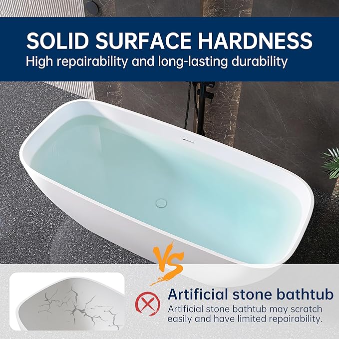 59'' Freestanding Bathtub Resin Stone Deep Soaking Tubs Solid Surface Matte Tub with Overflow and Pop-up Drain