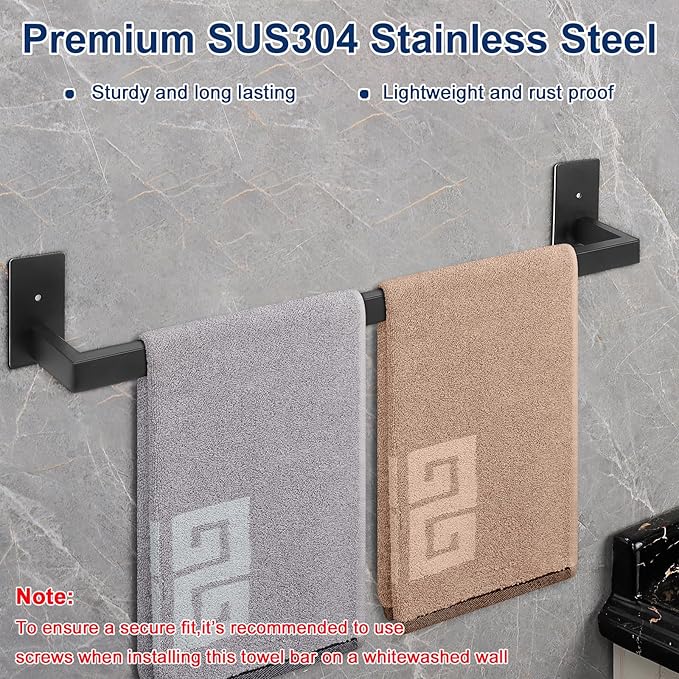 NearMoon Self Adhesive Bathroom Towel Bar, Stainless Steel Square Bath Wall Shelf Rack Hanging Towel Stick On Sticky Hanger Contemporary Style, Towel Rack Wall Mounted (24 Inch, Matte Black)