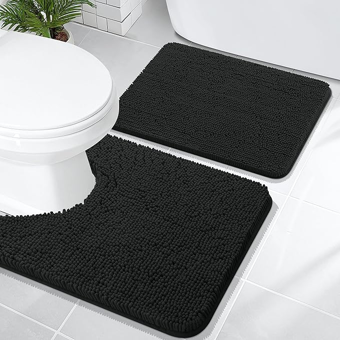 OLANLY Bathroom Rugs Sets 2 Piece, Soft Absorbent Chenille Bath Mats and U-Shaped Contour Toilet Rug, Non-Slip, Machine Washable Bath Carpet, Home Decor Accessories(24"x16"+24"x20", Black)