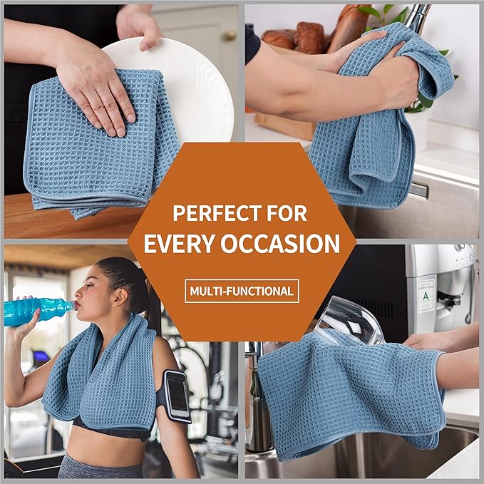 Microfiber Waffle Hand Towels, 4 Pieces, Soft, Absorbent, Fast Drying, Lint Free (Blue)