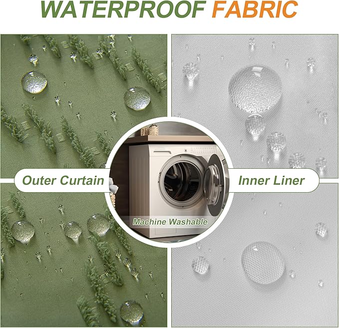 Extra Long No Hooks Shower Curtains, 98 Inches Long Boho Tufted Chevron Striped Fabric Shower Curtain for Bathroom with Snap in Liner, Water Resistant Cloth Shower Curtain Set, Sage Green, 72x98