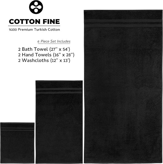 Premium 6 Piece Towel Set, 2 Bath Towel, 2 Hand Towels, 2 Washcloths, 100% Turkish Cotton Soft Absorbent Towels (Black, 6 Piece Towel Set)
