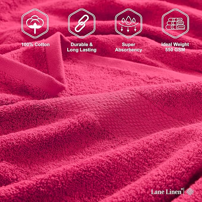 LANE LINEN 100% Ring Spun Cotton Luxury Bath Towel Set - 18 PCs - 4 Bath Towels, 8 Washcloths & 6 Turkish Hand Towels for Bathroom - Sustainably Produced, Ultra Soft & Absorbent - Fuschia