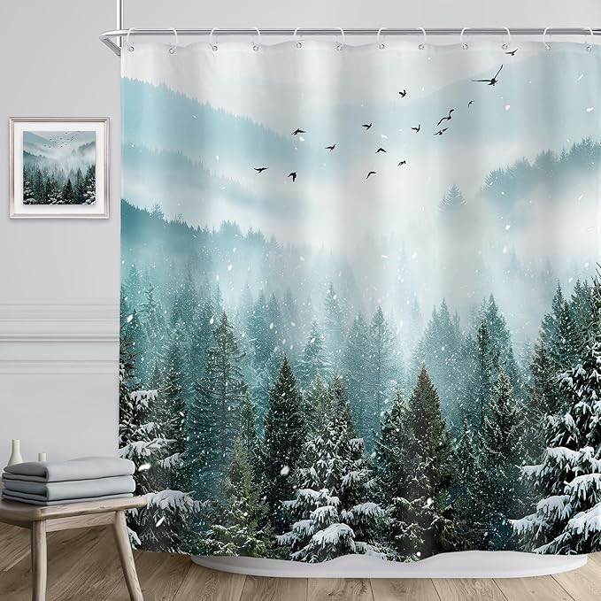 Riyidecor Green Mountain Shower Curtain 72Wx72H Inch Winter Snowy Rustic Sage Scenery Misty Landscape Foggy Christmas Pine Tree Wood View Bathroom Decor Fabric Polyester Waterproof 12 Pack Hooks