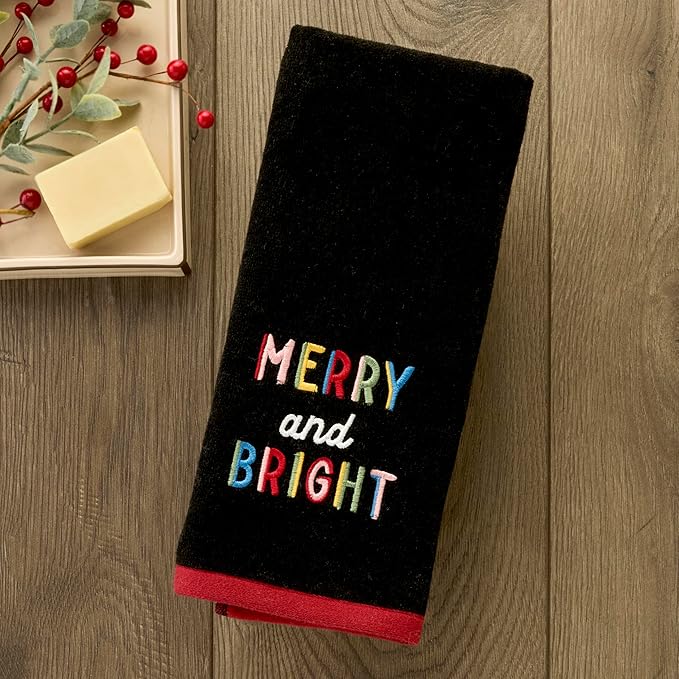 SKL Home Christmas/Winter Rainbow Merry 100% Cotton Embroidered 2pc Hand Towel Set, Decorative for Bath/Kitchen/Bar, Black