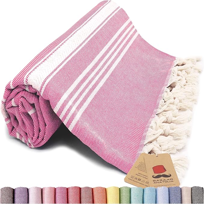 Bazaar Anatolia Turkish Beach Towel – 100% Cotton, Quick Dry, Sand Free Towel for Bathroom, Camping, Travel, Hot Pink – Oversized 71x39 Inches – Stripe Fuscia