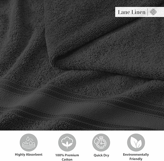 LANE LINEN Luxury Bath Towels Set- 100% Cotton Bathroom Towels, Zero Twist, Quick Dry Shower Towel, Extra Aborbent Super Soft, 6 Bath Towel, 6 Hand Towels, 6 Wash Cloths - Black (18 PC)