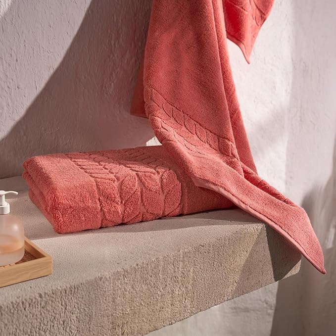 BAGNO MILANO Organic Turkish Cotton Bath Towels, Luxury Jacquard Collection, Certified Organic Highly Absorbent, Soft-Plush Towel Set (Coral Red, 2 Pcs Bath Towel Set)