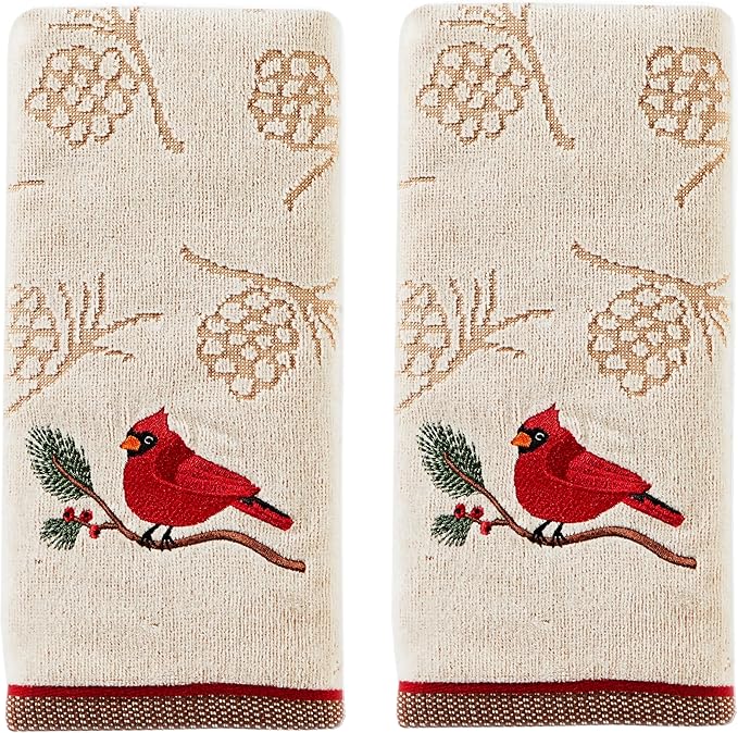 SKL Home Christmas/Winter Cardinal & Branch Hand Towel 2pc Set for Bath/Kitchen/Bar & Gift, Wheat