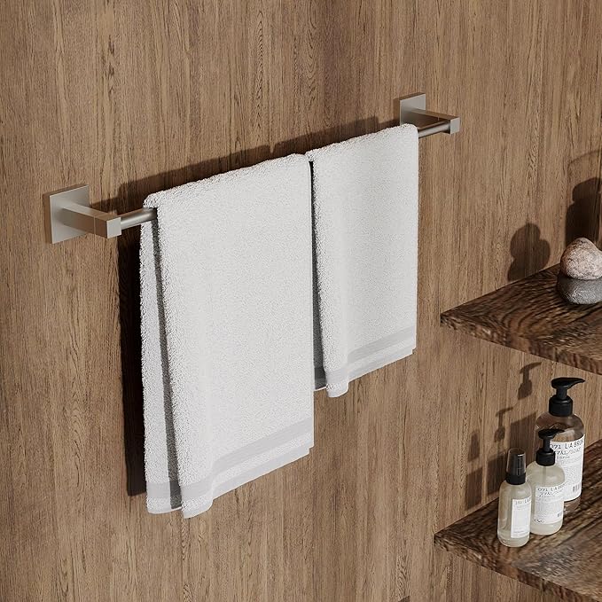 RUACQ Adjustable Towel Bar 13.8 to 24 inch,Square Base Single Towel Racks for Bathroom,Stainless Steel Towel Holder Wall Mounted,Sturdy and Rustproof(Brushed Nickel)