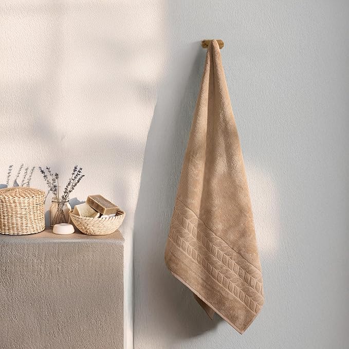 BAGNO MILANO Organic Turkish Cotton Bath Towels, Luxury Jacquard Collection, Certified Organic Highly Absorbent, Soft-Plush Towel Set (Latte, 4 Pcs Hand Towel Set)