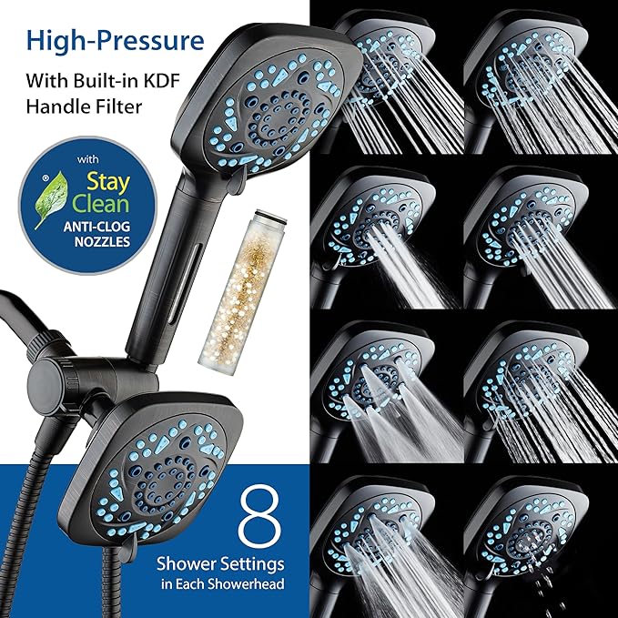 6-way High Pressure 82 Spray Mode Filtered Showerhead Combo - Handheld Shower Head Filters Chlorine to Heal Dry Skin, Revive Hair - Dual Power Wash Cleans Tub, Tile, Pets - Hard Water Softener, ORB