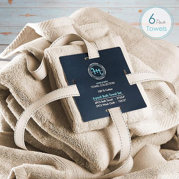 Hearth & Harbor Bath Towels for Bathroom - 100% Ring Spun Cotton Luxury Bathroom Towels - Ultra Soft & Highly Absorbent, Bath Towels Set of 6 - Beige Cream