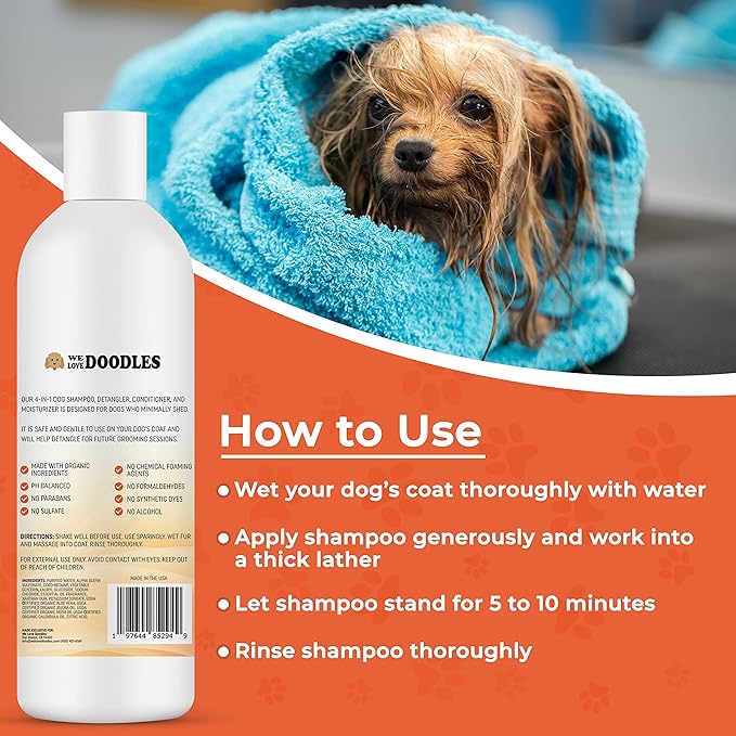 We Love Doodles Pet Rubber Bath Brush and Dog Shampoo (Bundle) - for Shower Scrubbing & Soothing Massage and Organic Dog Shampoo, Conditioner & Detangler - Made in The USA
