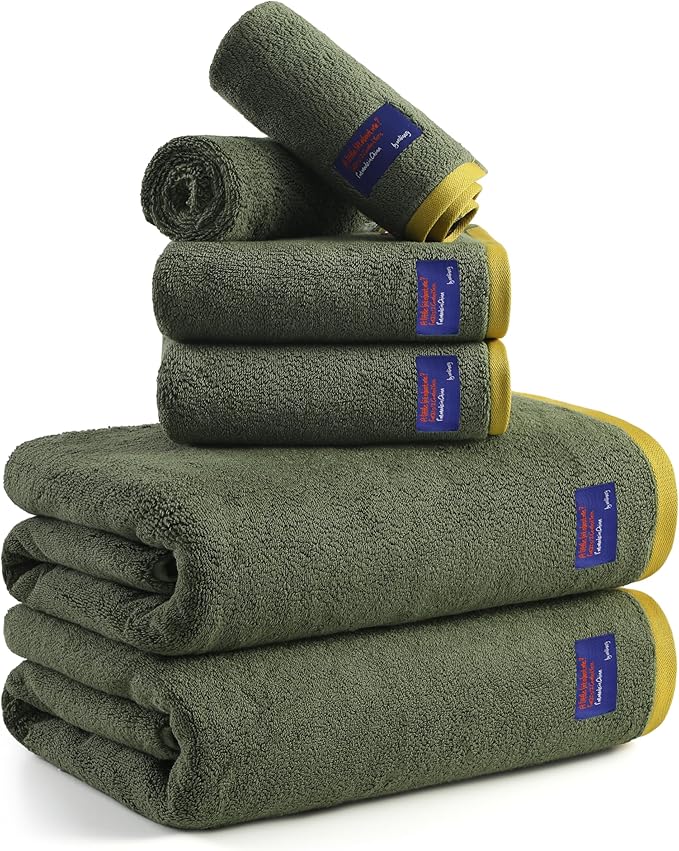 REDKISS 6 Pack Cotton Towel Set with Luxury Embellished Border, 600 GSM Ultra Soft & Highly Absorbent Bath Towels Set with 2 Bath, 2 Hand, 2 Washcloths for Bathroom, Gym, Spa, Hotel, Army Green