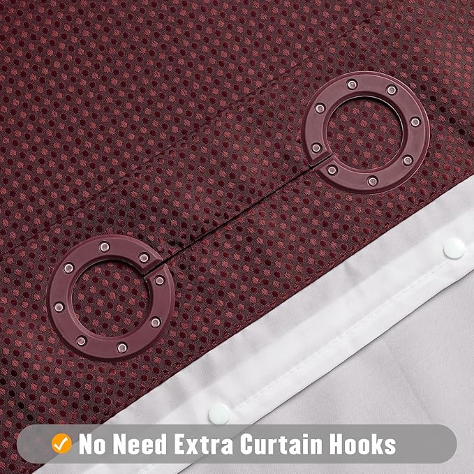 MitoVilla Burgundy Waffle Small Stall Shower Curtain Liner Set 36 x 74, No Hooks Required Half Size Narrow Fabric Cloth Shower Curtain Set with Snap-in Liner for Modern Bathroom Decor, Burgundy