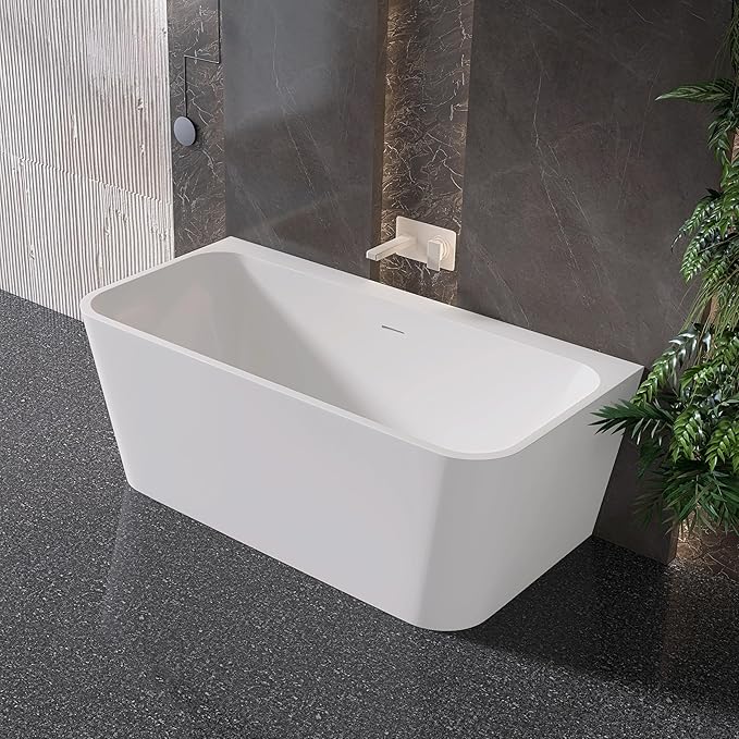 59" Acrylic Back-to-Wall Bathtub,Freestanding Bathtubs, Stand Alone Tub, Soaking Tubs for Bathroom, Integrated Overflow and Drain, cUPC Certified, Gloss White