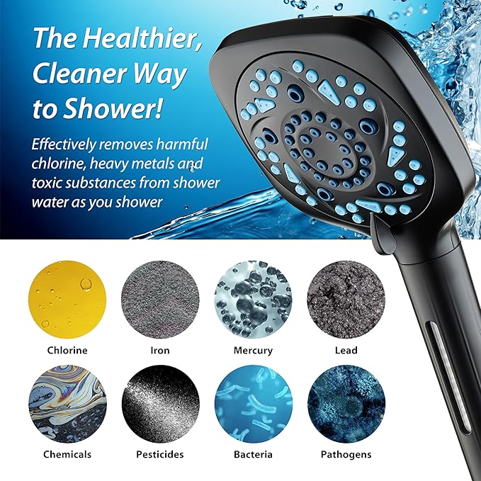 6-way High Pressure 82 Spray Mode Filtered Showerhead Combo - Handheld Shower Head Filters Chlorine to Heal Dry Skin, Revive Hair - Dual Power Wash Cleans Tub, Tile, Pets - Hard Water Softener, Black