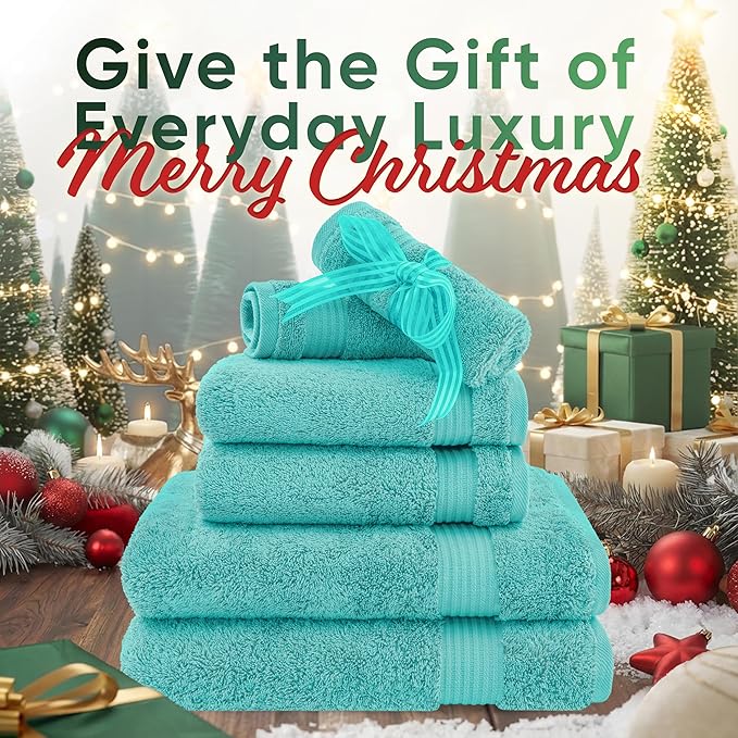 American Veteran Towel, 6 Piece Towel Set for Bathroom, 100% Cotton Turkish Bathroom Towels, 2 Bath Towels 2 Hand Towels 2 Washcloths, Turquoise Blue