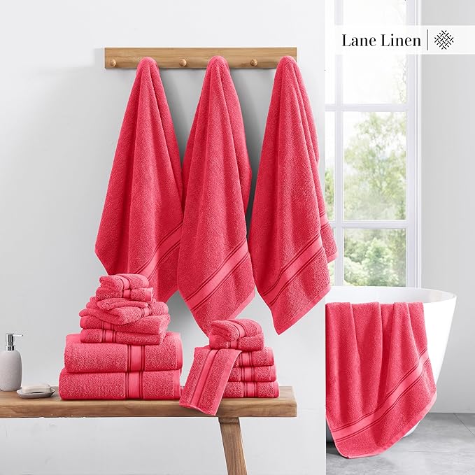 LANE LINEN Towels for Bathroom – 18 Pack, 100% Cotton, Zero Twist, 6 Bath, 6 Hand Towel & 6 Wash Cloths, Highly Absorbent, Luxury Hotel & Spa Quality, Machine Washable – Honeysuckle