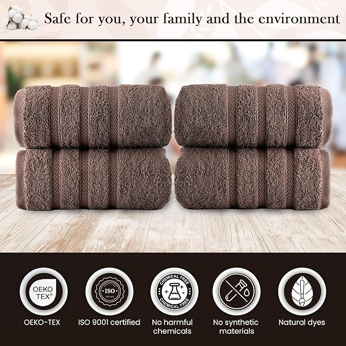 HALLEY Turkish 4 Pack Premium Hand Towels (4 Pieces) 650 GSM Highly Absorbent Super Soft 100% Cotton - 4 Hand Towels (Brown)