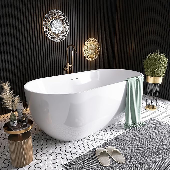 59" Free Standing Tub, Pure Acrylic Freestanding Bathtub, Stylish Stand Alone Contemporary Deep Soaking Bath Tub, cUPC Certified SY6850 (Glossy White)