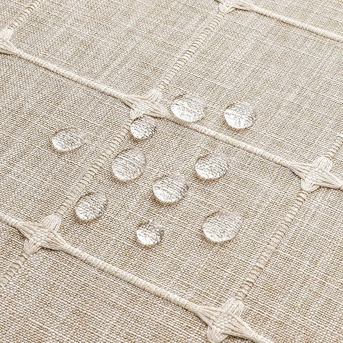 MitoVilla No Hooks Needed Boho Farmhouse Shower Curtain with Snap-in Liner, Cotton Linen Fabric Shower Curtains with Tassels for Rustic Neutral Bathroom Decor, Tan/Taupe, 72 x 74