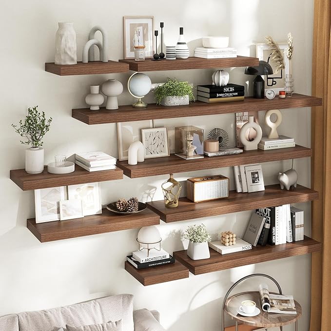 48 Inch Long Floating Shelves for Wall Set of 2, 12"D Wood Grain Bathroom Shelves with Invisible Brackets, Easy Install Engineered Wood Storage Shelves for Kitchen, Living Room, Bedroom, Walnut Finish
