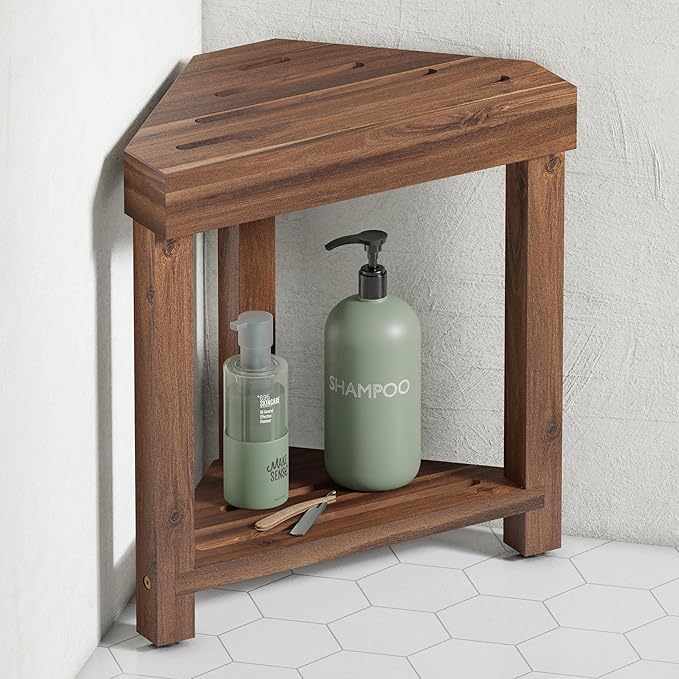 BLUEWEST Shower Foot Stool for Shaving Legs, Acacia Wood Bathroom Foot Rest, Stable Corner Step Stool for Inside Shower, Shower Bench, Compact for Small Shower Spaces (Walnut)
