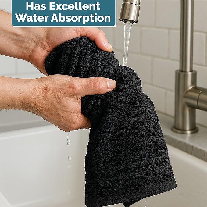 Casa Platino 6 Pack Hand Towels for Bathroom (16"x28") - Spa & Hotel Quality - 100% Cotton, Ring Spun - Quick Dry, Ultra Soft & Absorbent Black Hand Towels Set of 6 - Perfect for Everyday Use - Black